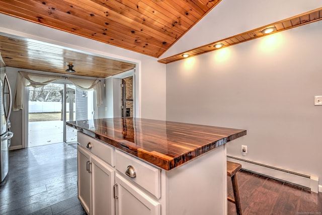 kitchen featuring lofted ceiling, dark wood-style flooring, wooden ceiling, and a baseboard radiator