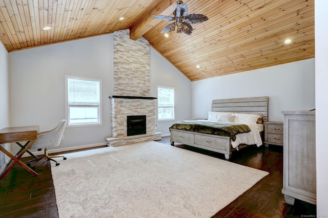 bedroom with baseboards, high vaulted ceiling, a fireplace, dark wood-type flooring, and wood ceiling