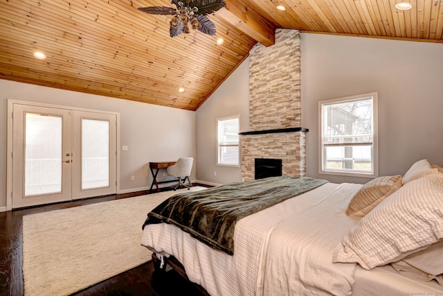 bedroom with dark wood finished floors, french doors, wood ceiling, and access to exterior