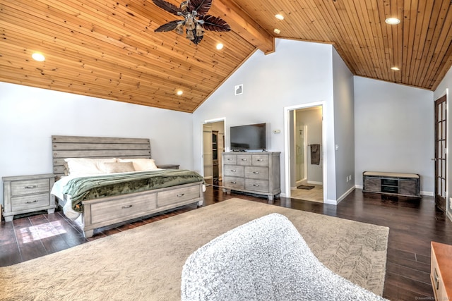 bedroom with wood finished floors, high vaulted ceiling, beam ceiling, a spacious closet, and wood ceiling