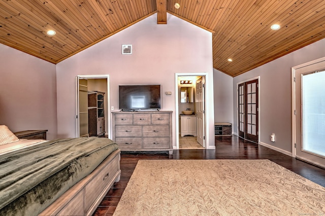 unfurnished bedroom featuring a walk in closet, baseboards, dark wood finished floors, recessed lighting, and wooden ceiling