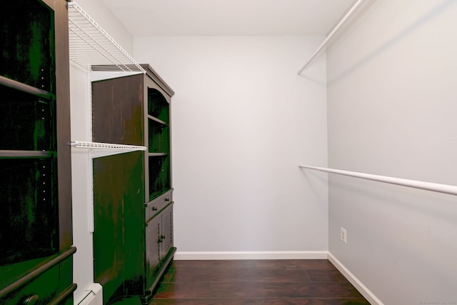 walk in closet with dark wood-style floors and a baseboard radiator