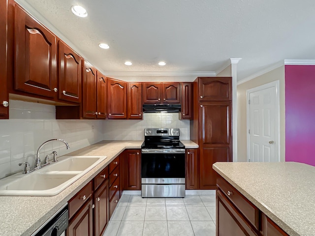 kitchen with light tile patterned floors, dishwashing machine, under cabinet range hood, a sink, and electric stove