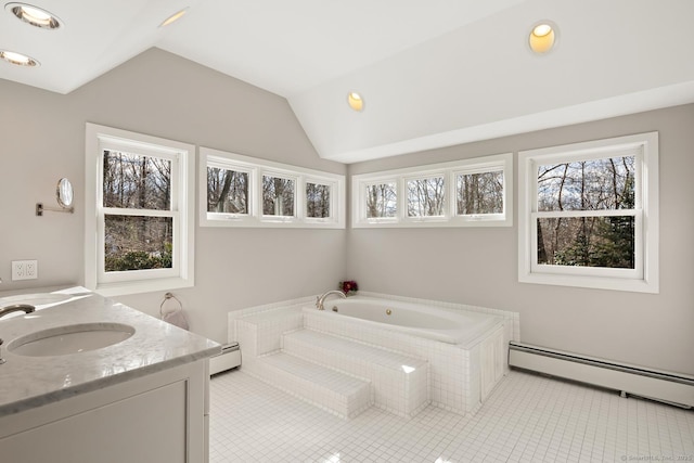 full bathroom featuring a baseboard heating unit, tile patterned flooring, vaulted ceiling, and a bath