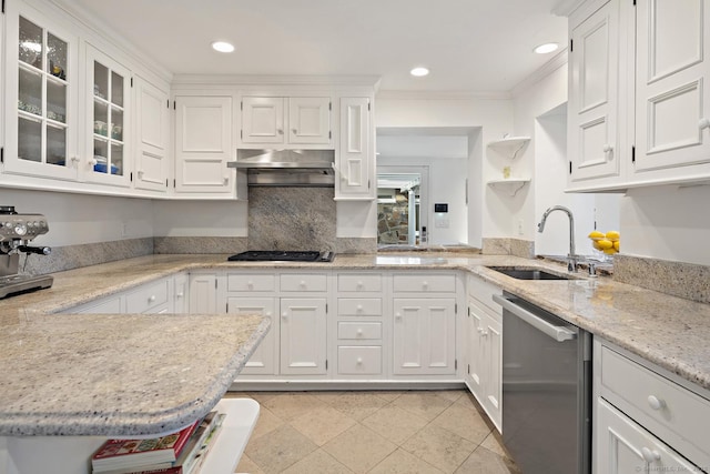 kitchen with open shelves, stainless steel dishwasher, white cabinets, a sink, and under cabinet range hood