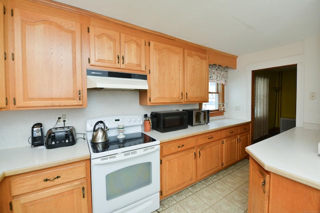 kitchen with light countertops, white electric range, under cabinet range hood, and light floors