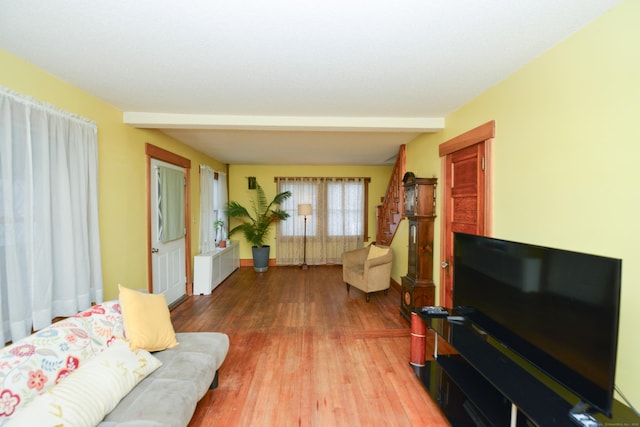 living area with radiator, baseboards, and wood finished floors