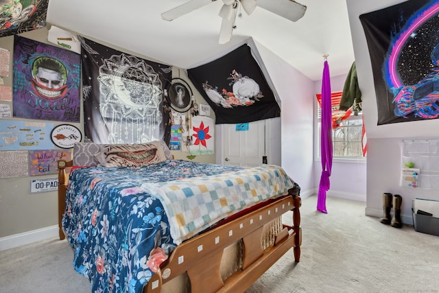 bedroom featuring ceiling fan, carpet, and baseboards