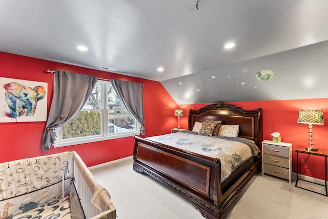 bedroom featuring baseboards, visible vents, vaulted ceiling, carpet floors, and recessed lighting