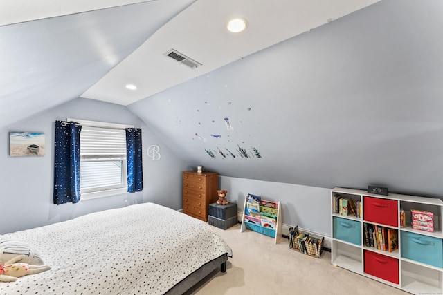 carpeted bedroom with recessed lighting, visible vents, and vaulted ceiling