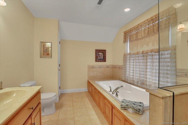 full bathroom with lofted ceiling, toilet, tile patterned flooring, vanity, and a bath