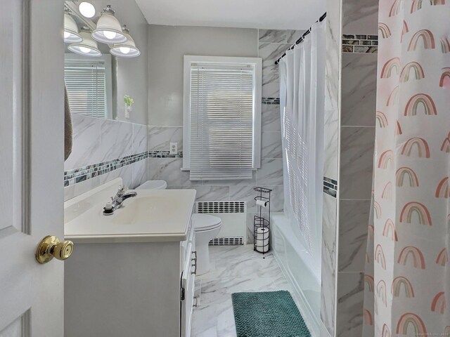 51 Milton Ave, Waterbury, CT 06706 - full bath featuring toilet, tile walls, vanity, marble finish floor, and radiator