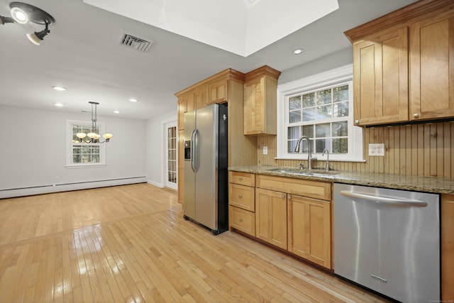 kitchen with appliances with stainless steel finishes, light wood-style floors, visible vents, and a sink