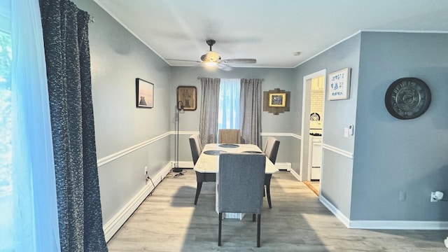 dining room with ceiling fan, wood finished floors, and baseboards