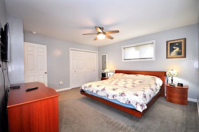 bedroom featuring carpet floors, ceiling fan, baseboards, and a closet