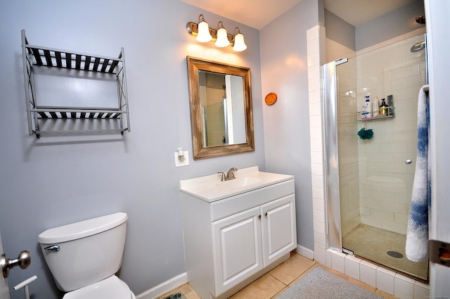 bathroom with a stall shower, baseboards, vanity, and toilet