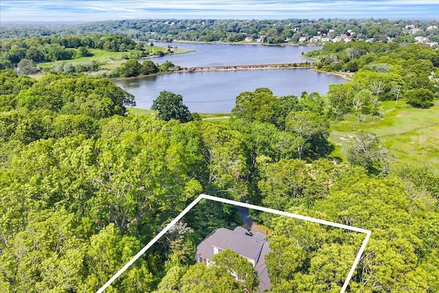 37 Skyline Dr, Groton, CT 06340 - aerial view of property and surrounding area with a large body of water and property boundaries highlighted