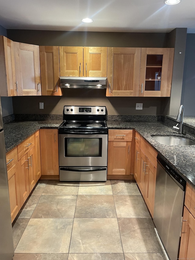 kitchen with glass insert cabinets, dark stone countertops, stainless steel appliances, under cabinet range hood, and a sink