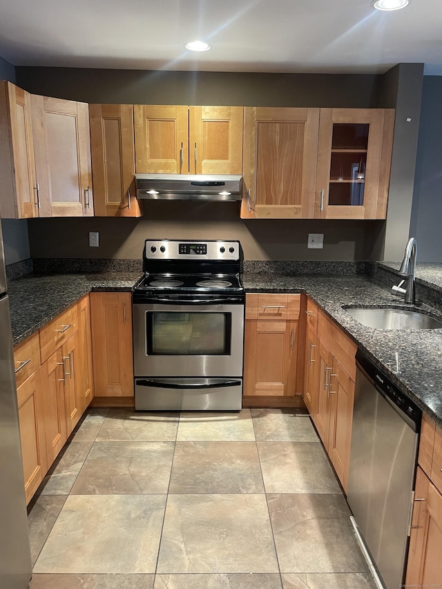 2660 N Ave Unit 110, Bridgeport, CT 06604 - kitchen with stainless steel appliances, a sink, under cabinet range hood, dark stone countertops, and glass insert cabinets