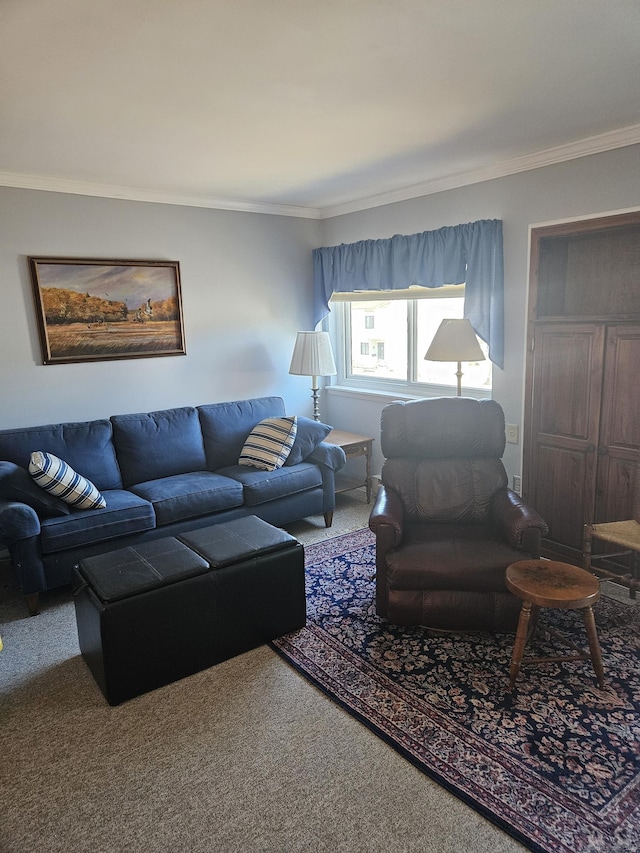 living room featuring crown molding and carpet floors