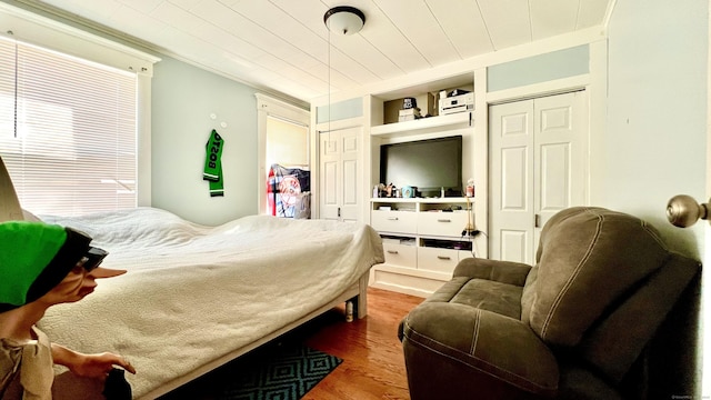 bedroom featuring multiple closets and wood finished floors