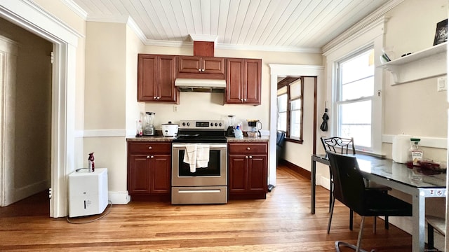 kitchen with light wood-style flooring, ornamental molding, wood ceiling, stainless steel range with electric cooktop, and under cabinet range hood