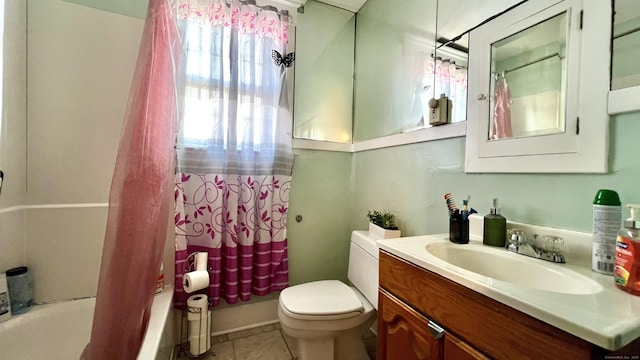 bathroom featuring tile patterned flooring, shower / bathtub combination with curtain, vanity, and toilet