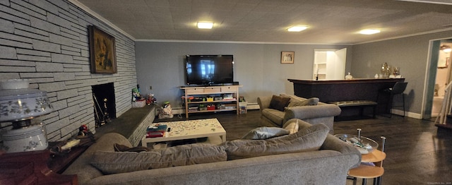 living area featuring wood finished floors, a fireplace, and crown molding