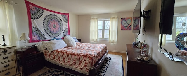 bedroom with multiple windows and wood finished floors