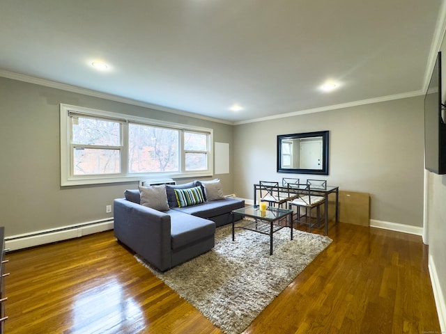 living area featuring a baseboard radiator, crown molding, baseboards, and dark wood-style flooring