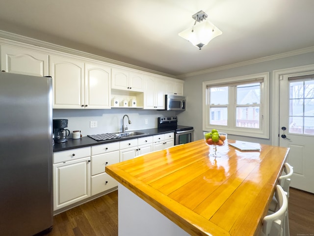 kitchen featuring butcher block countertops, ornamental molding, stainless steel appliances, white cabinetry, and a sink