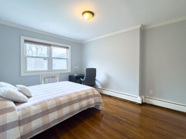 bedroom with ornamental molding, dark wood-style flooring, and a wall mounted air conditioner