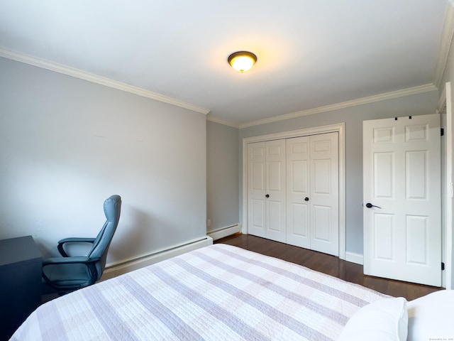 unfurnished bedroom featuring crown molding, a baseboard radiator, a closet, dark wood-type flooring, and a baseboard heating unit