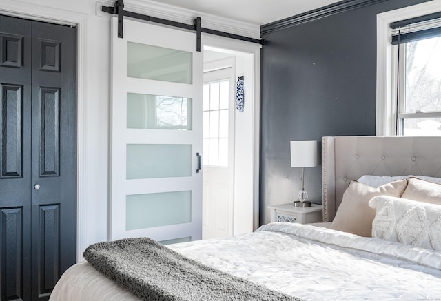 bedroom with a closet, crown molding, and a barn door