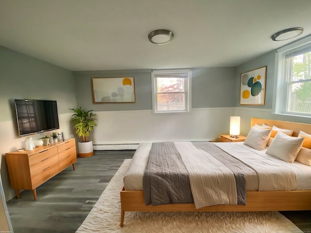 bedroom with a wainscoted wall, a baseboard radiator, multiple windows, and wood finished floors