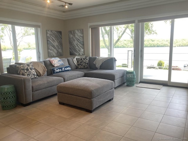 living area featuring light tile patterned floors, visible vents, ornamental molding, and rail lighting