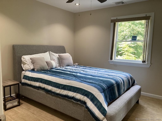 bedroom with visible vents, baseboards, ceiling fan, wood finished floors, and recessed lighting