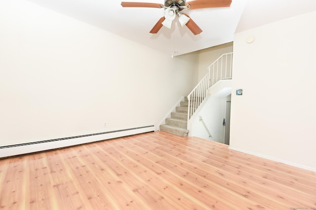 333 Vincellette St Unit 16, Bridgeport, CT 06606 - unfurnished living room with stairs, ceiling fan, wood finished floors, and a baseboard heating unit