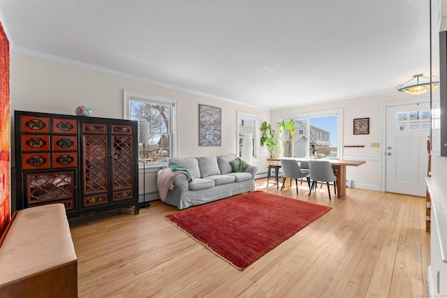 living area featuring crown molding, wood finished floors, and baseboards