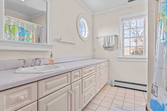 full bath with tile patterned flooring, a healthy amount of sunlight, a baseboard heating unit, and ornamental molding