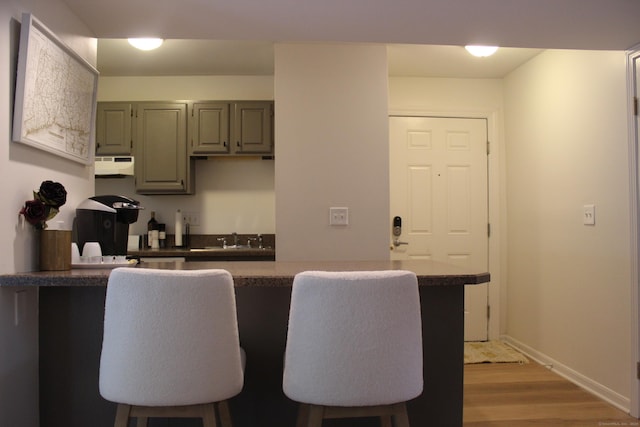 kitchen featuring baseboards, wood finished floors, under cabinet range hood, a kitchen bar, and a sink