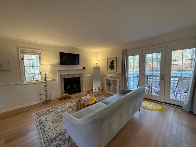 living area with french doors, a fireplace, wood finished floors, and baseboards