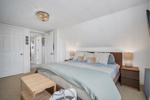 carpeted bedroom featuring radiator heating unit, a textured ceiling, and baseboards