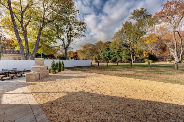 view of yard featuring fence and a patio