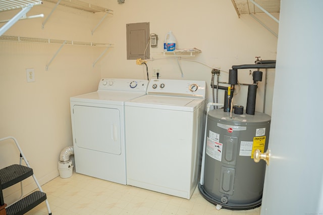 laundry area with laundry area, electric panel, washing machine and clothes dryer, electric water heater, and light floors