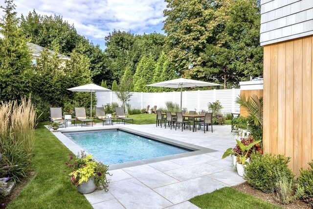 view of swimming pool featuring a fenced backyard, a fenced in pool, and a patio