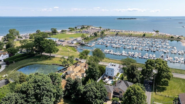 drone / aerial view with a water view