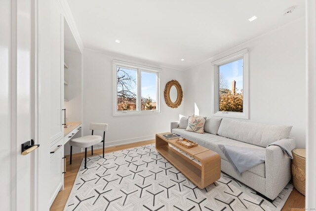 living room with light wood-style floors, crown molding, and baseboards