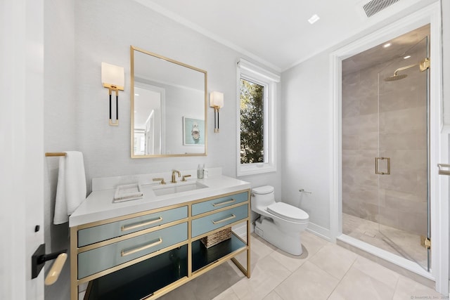 full bathroom with toilet, a stall shower, visible vents, and tile patterned floors