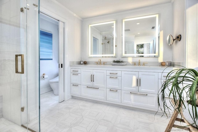 bathroom with a sink, a shower stall, toilet, and double vanity